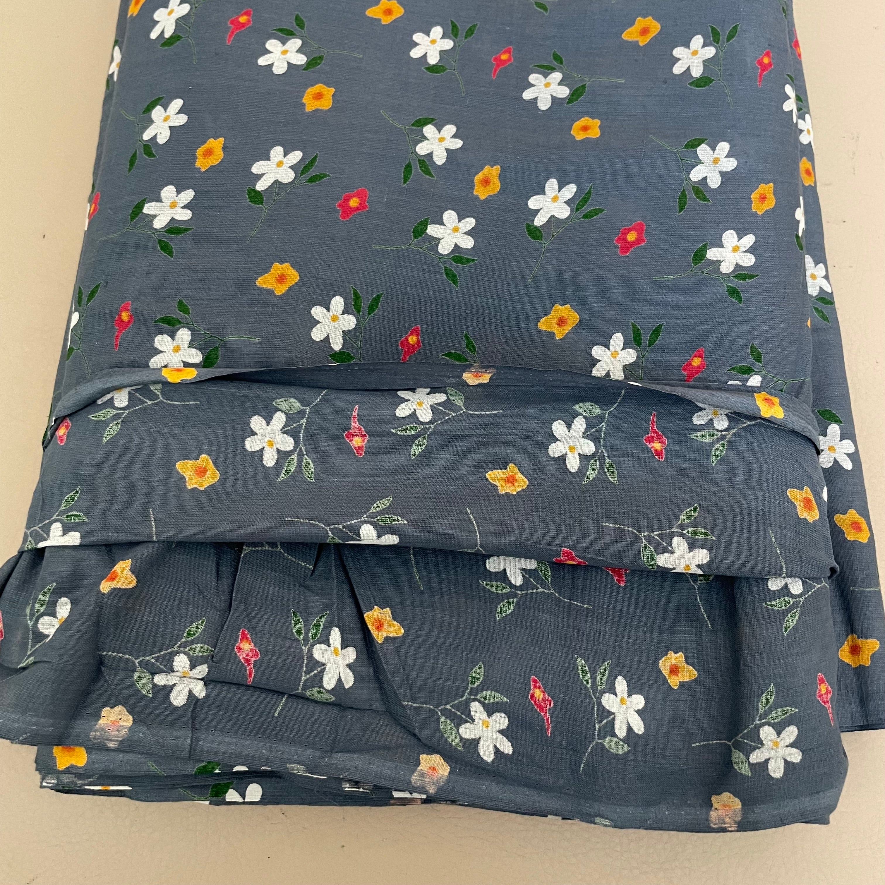 Wildflower Meadow Daisy Cotton Fabric – 42" Wide – White & Yellow Florals on Slate Blue – Sold by the Yard