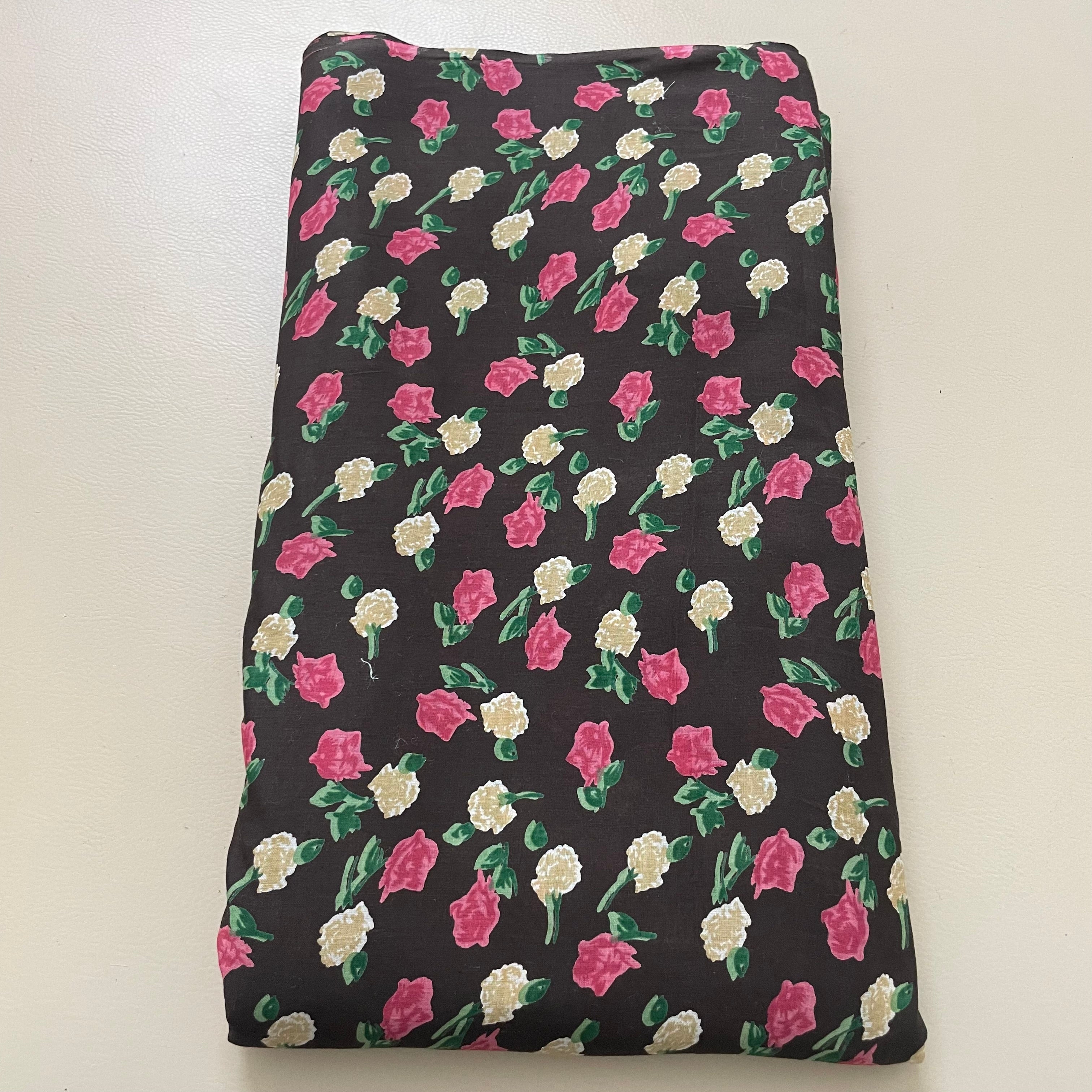 Rose Floral Cotton Fabric – 42" Wide – Pink & Cream Flowers on Dark Brown – Sold by the Yard