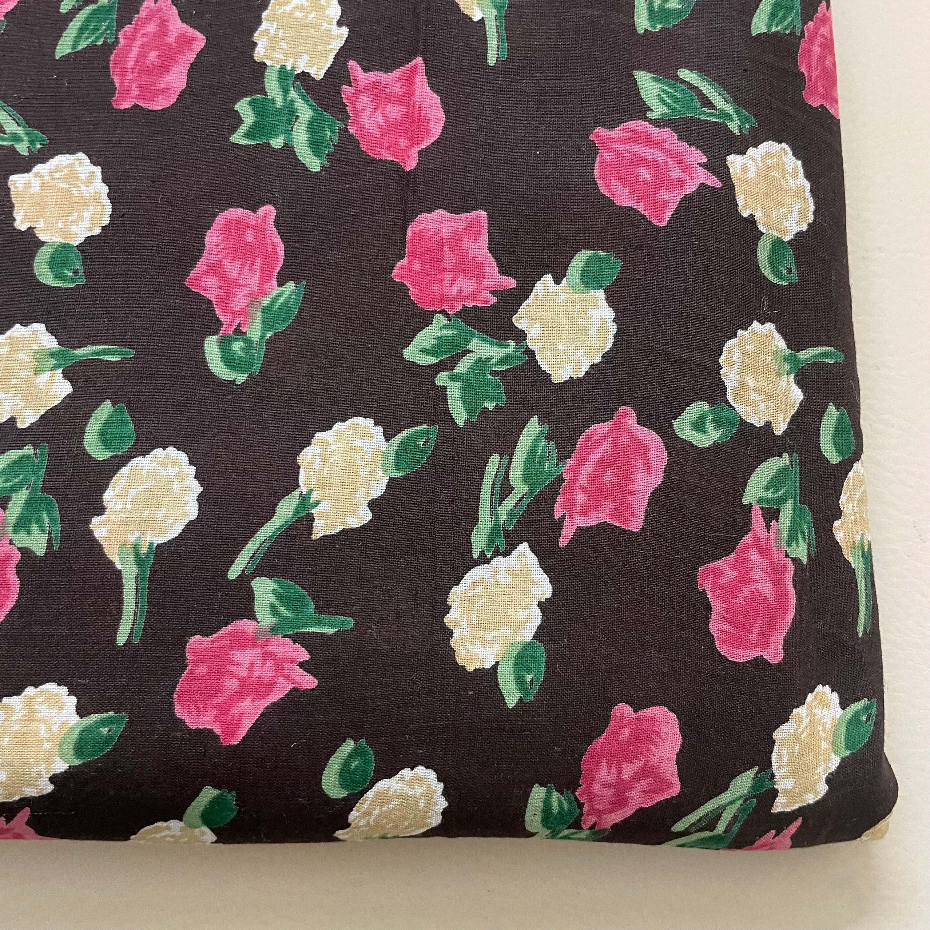 Rose Floral Cotton Fabric – 42" Wide – Pink & Cream Flowers on Dark Brown – Sold by the Yard