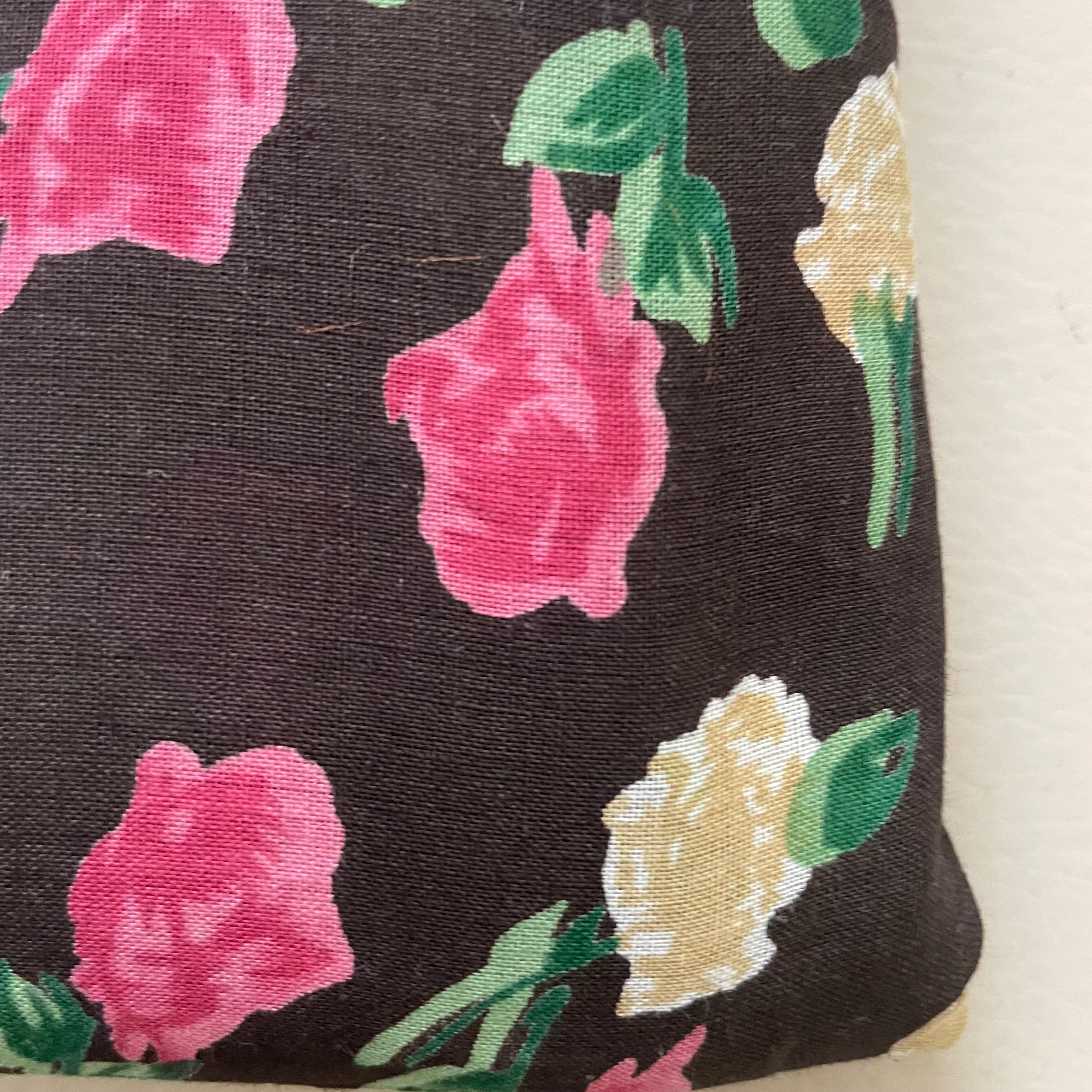 Rose Floral Cotton Fabric – 42" Wide – Pink & Cream Flowers on Dark Brown – Sold by the Yard
