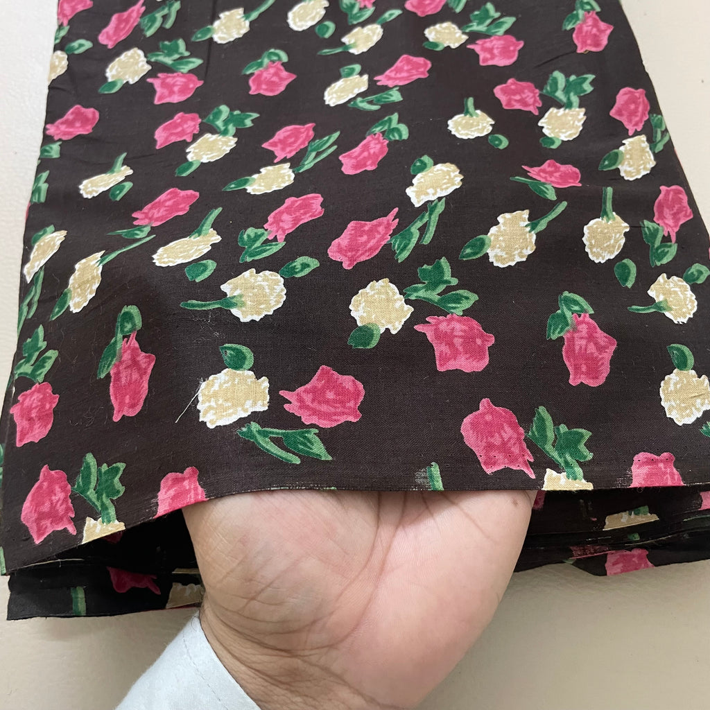 Rose Floral Cotton Fabric – 42" Wide – Pink & Cream Flowers on Dark Brown – Sold by the Yard