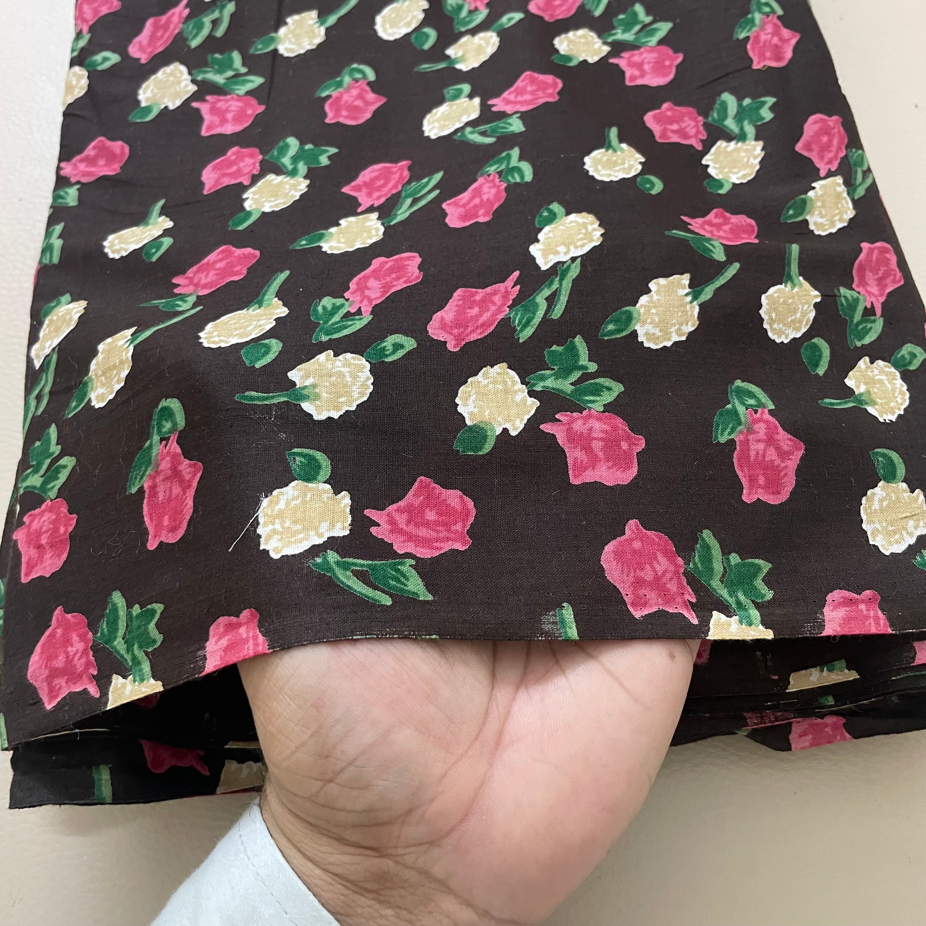 Rose Floral Cotton Fabric – 42" Wide – Pink & Cream Flowers on Dark Brown – Sold by the Yard