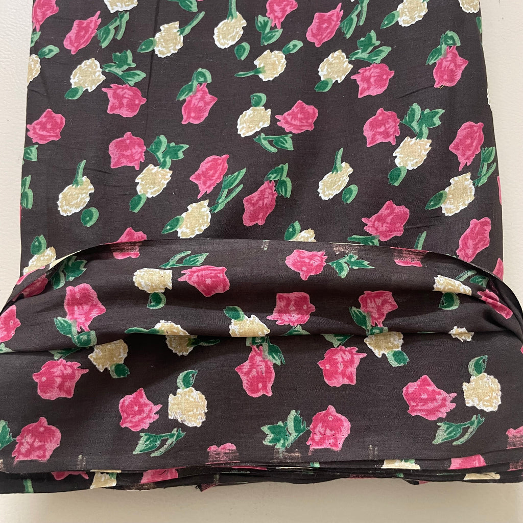Rose Floral Cotton Fabric – 42" Wide – Pink & Cream Flowers on Dark Brown – Sold by the Yard