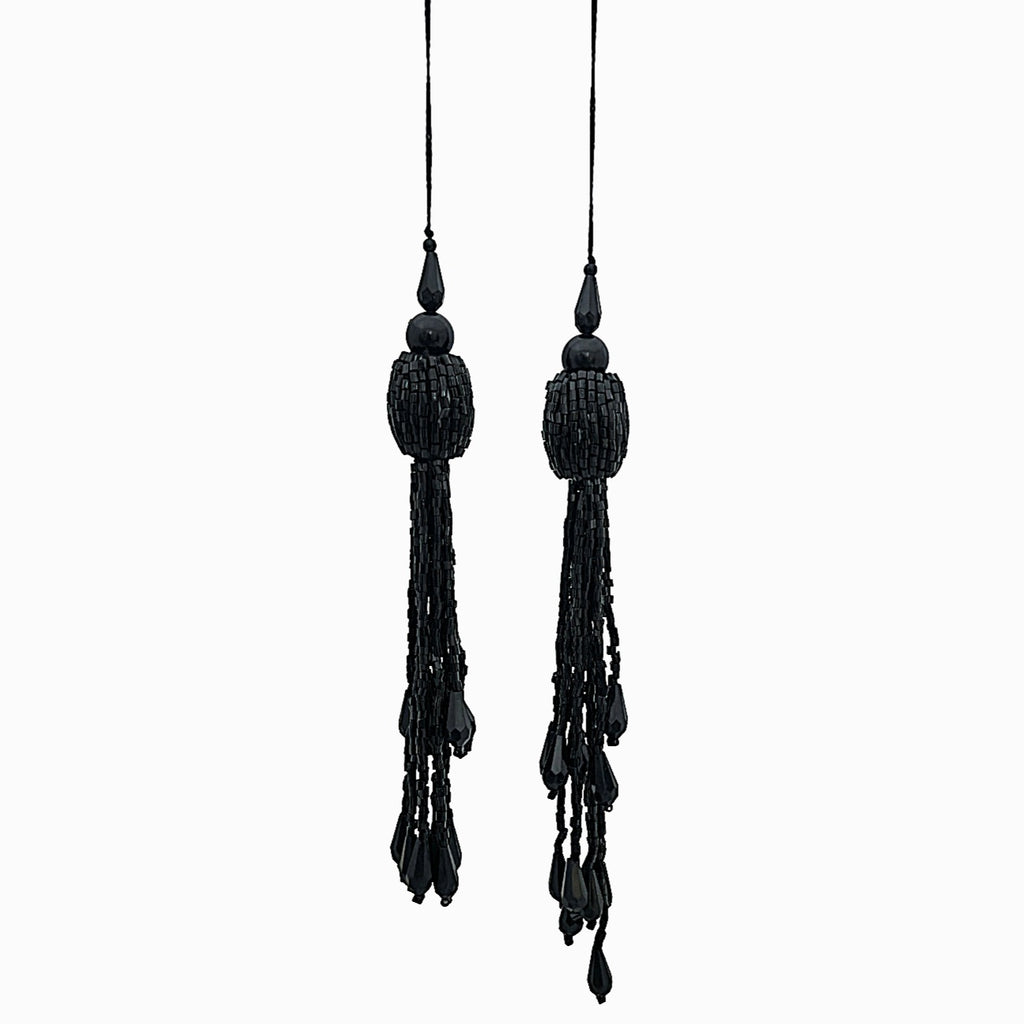 Pair of black tassel earrings on a white background