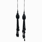 Pair of black tassel earrings on a white background