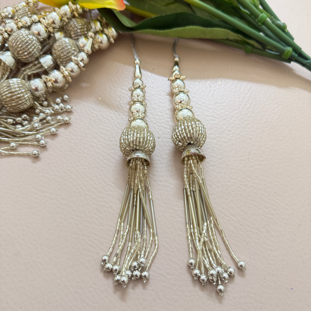 Silver tassel earrings on a light pink surface with green leaves in the background