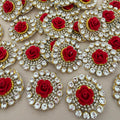 Red 3D Rose Circular Stone Patches Handcrafted Rhinestone Floral Medallions for Festive Wear, Crafts & Decor Pack of 10