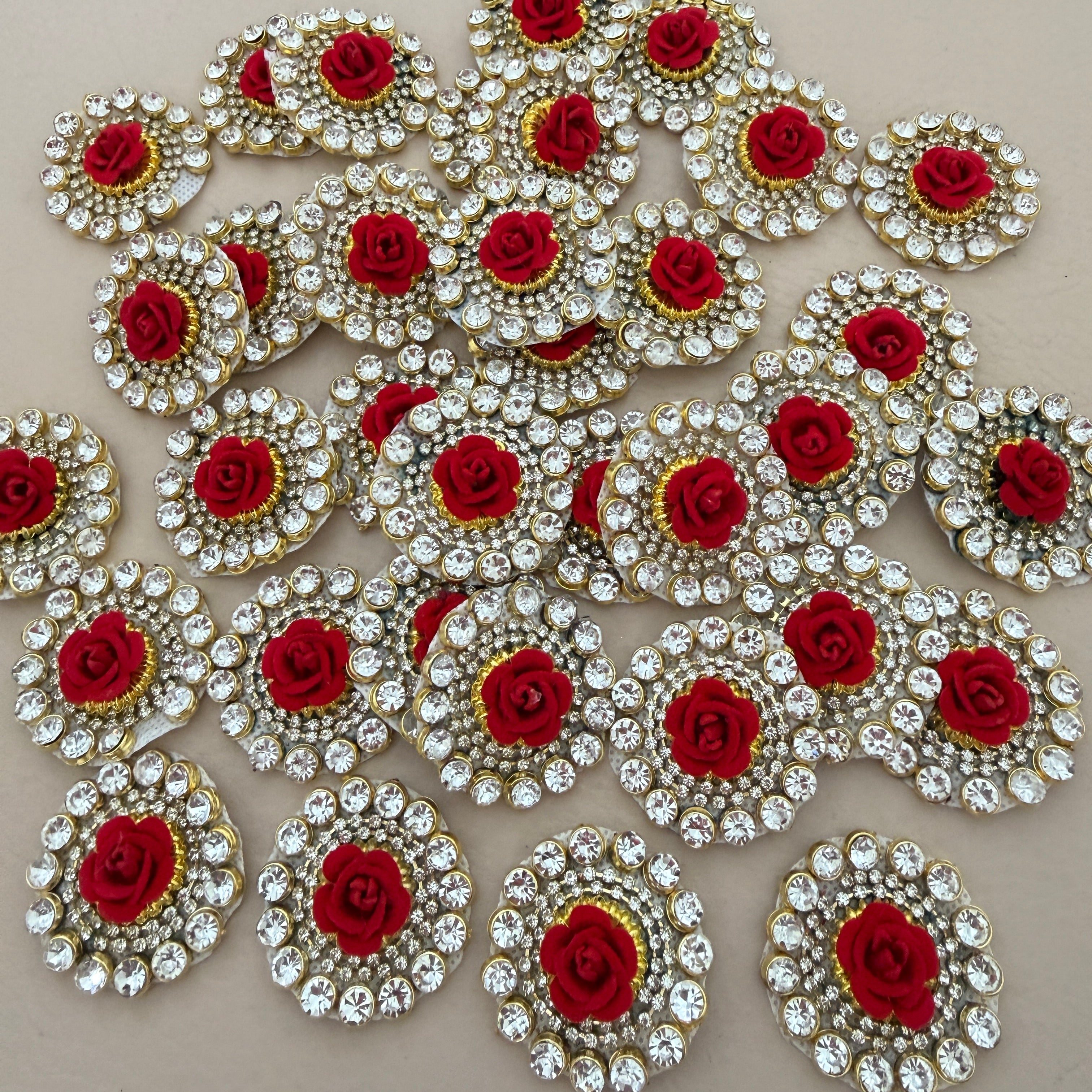Red 3D Rose Circular Stone Patches Handcrafted Rhinestone Floral Medallions for Festive Wear, Crafts & Decor Pack of 10