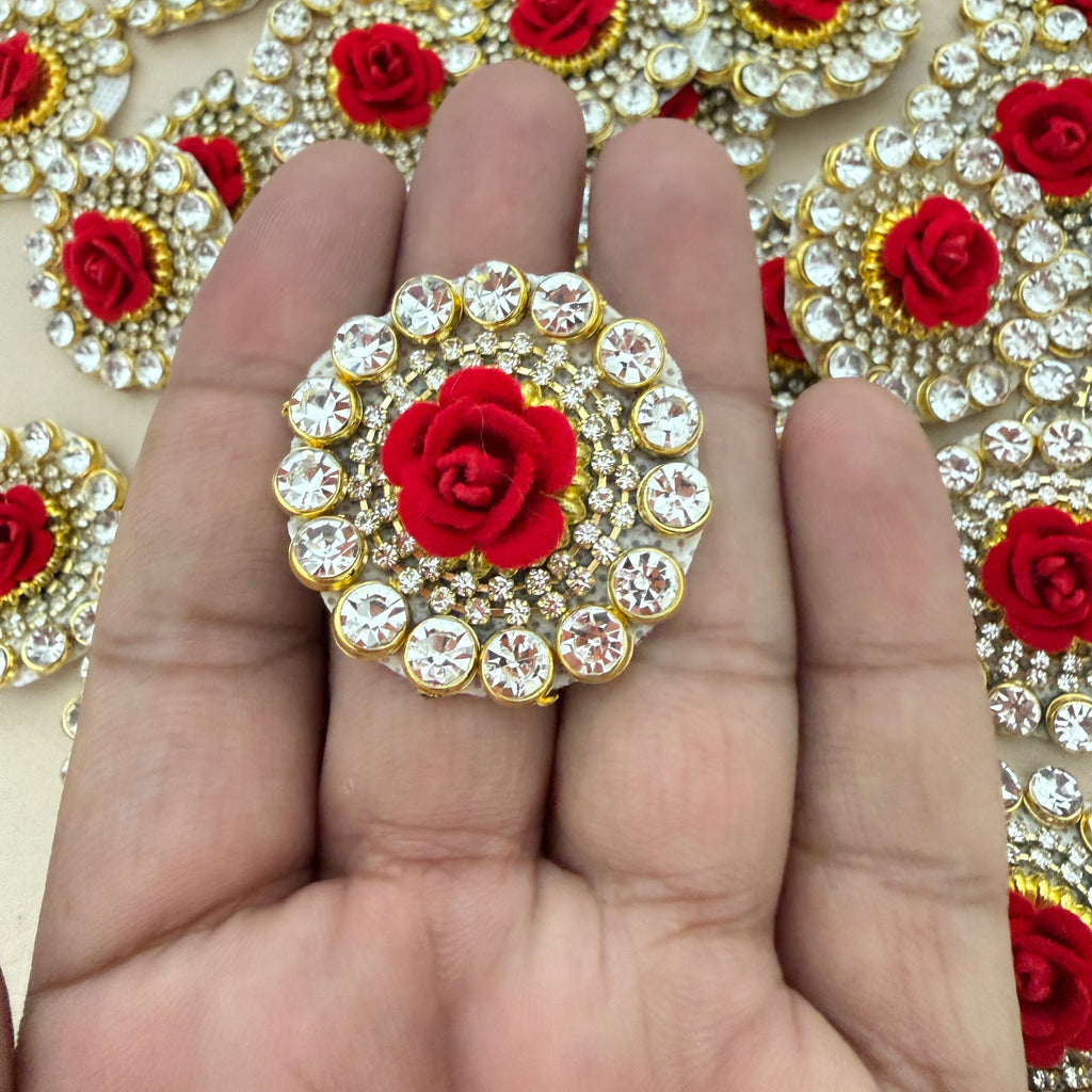 Red 3D Rose Circular Stone Patches Handcrafted Rhinestone Floral Medallions for Festive Wear, Crafts & Decor Pack of 10