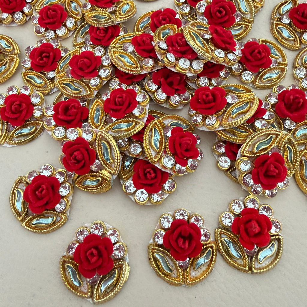 Rose & Gold Zardosi Patches Handcrafted Floral Rhinestone Appliques for DIY Crafts - 10 Pcs