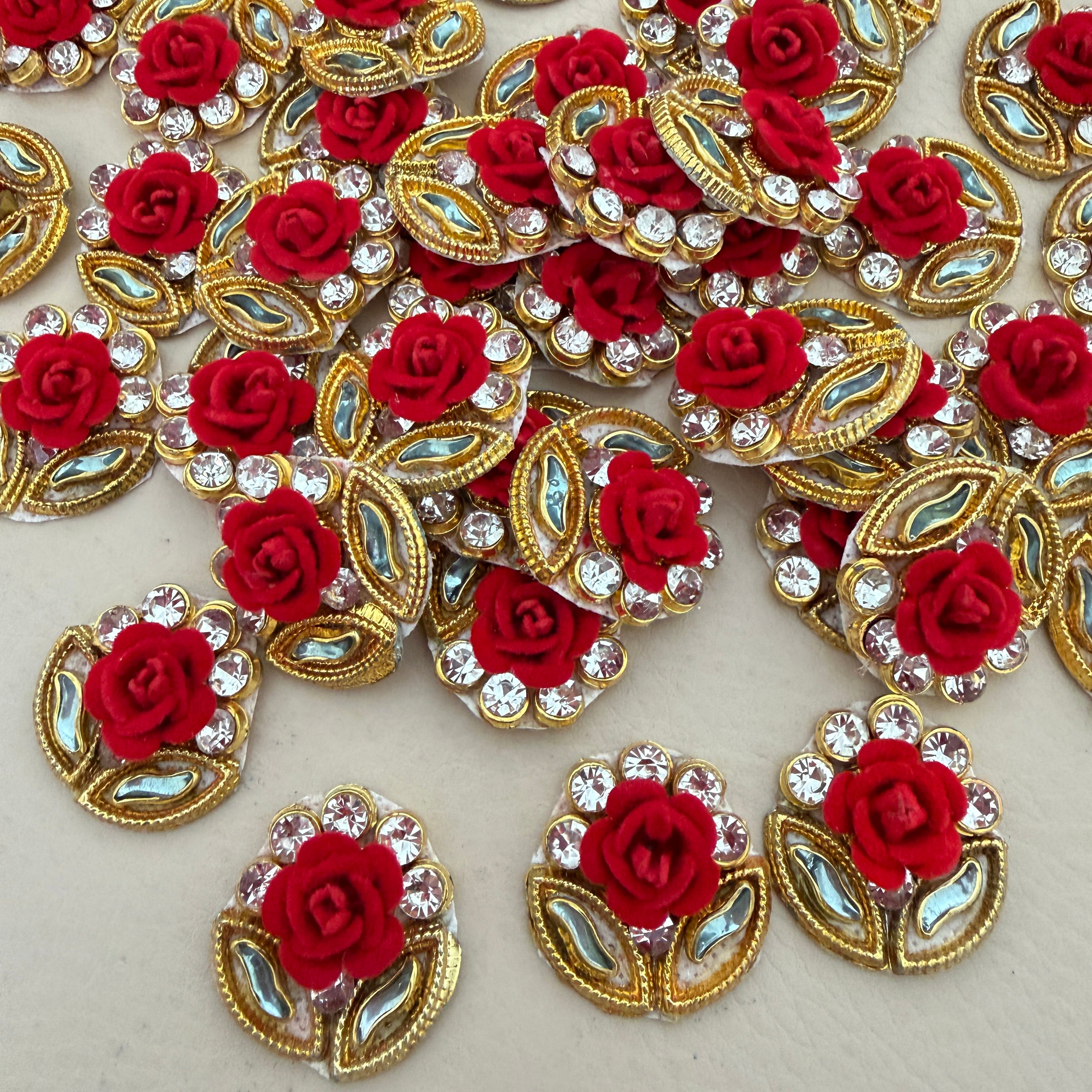 Rose & Gold Zardosi Patches Handcrafted Floral Rhinestone Appliques for DIY Crafts - 10 Pcs