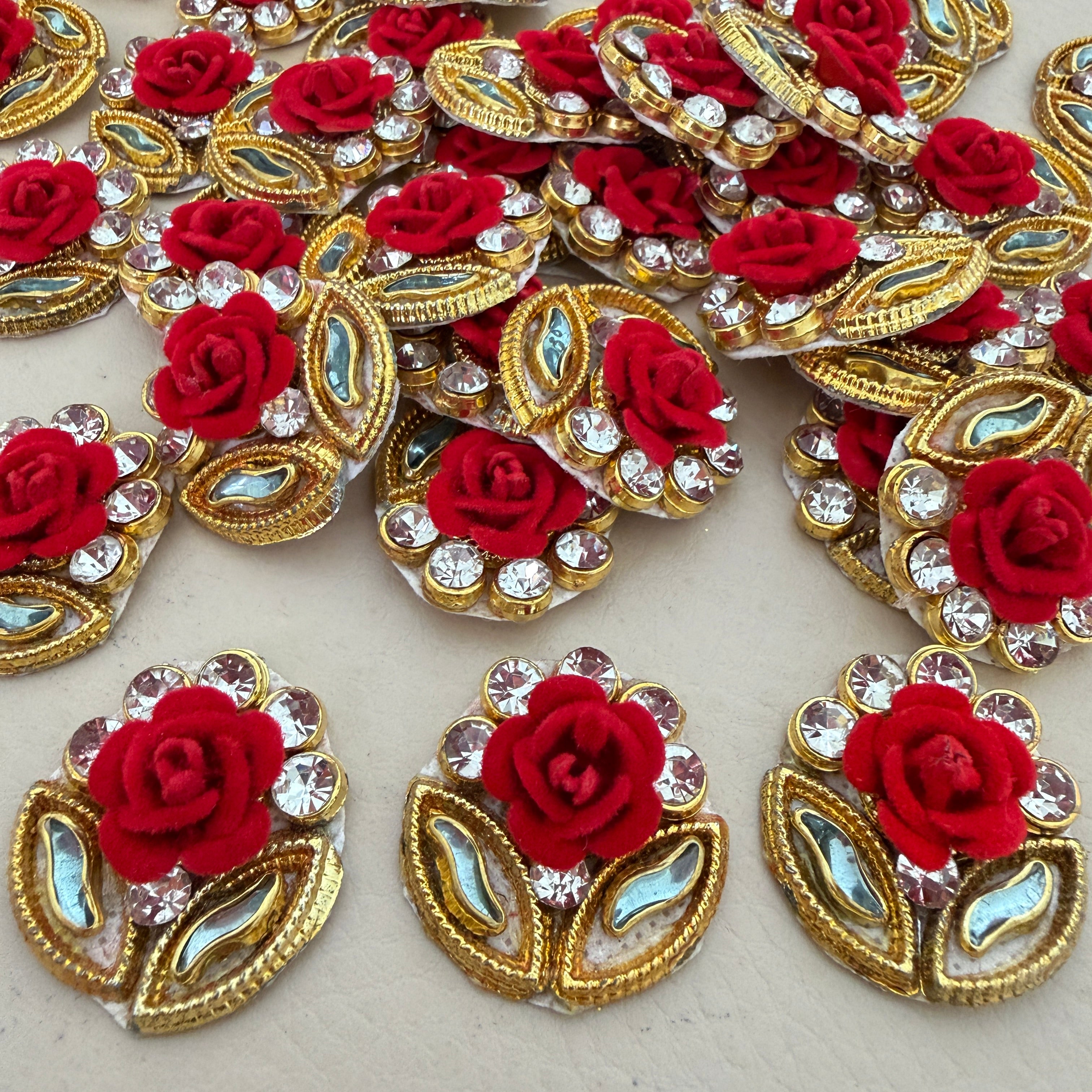 Rose & Gold Zardosi Patches Handcrafted Floral Rhinestone Appliques for DIY Crafts - 10 Pcs