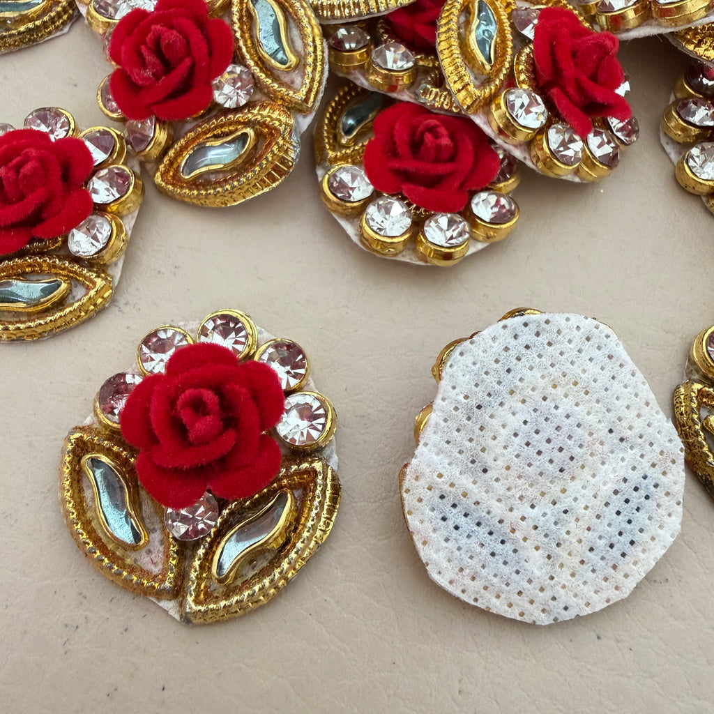 Rose & Gold Zardosi Patches Handcrafted Floral Rhinestone Appliques for DIY Crafts - 10 Pcs