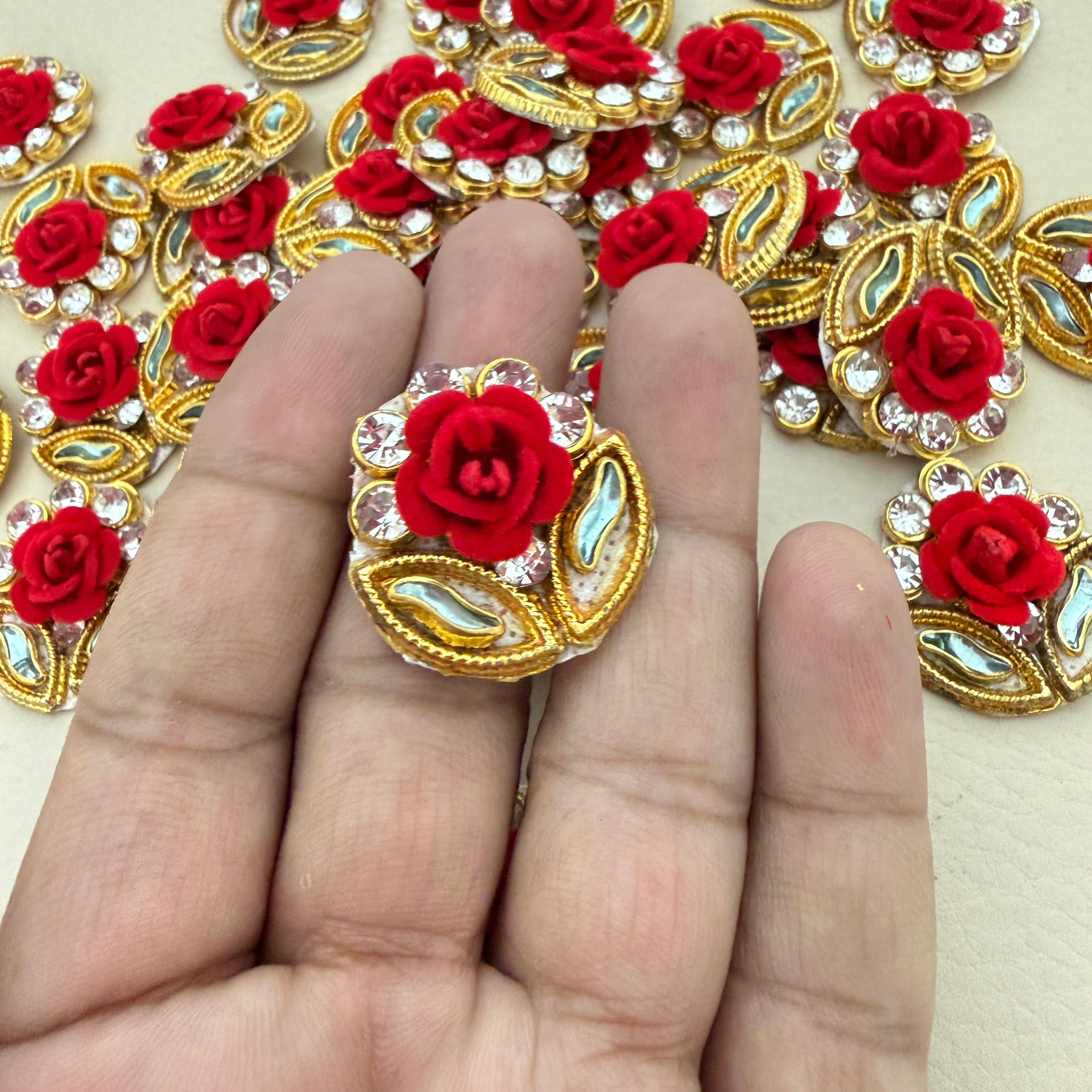 Rose & Gold Zardosi Patches Handcrafted Floral Rhinestone Appliques for DIY Crafts - 10 Pcs