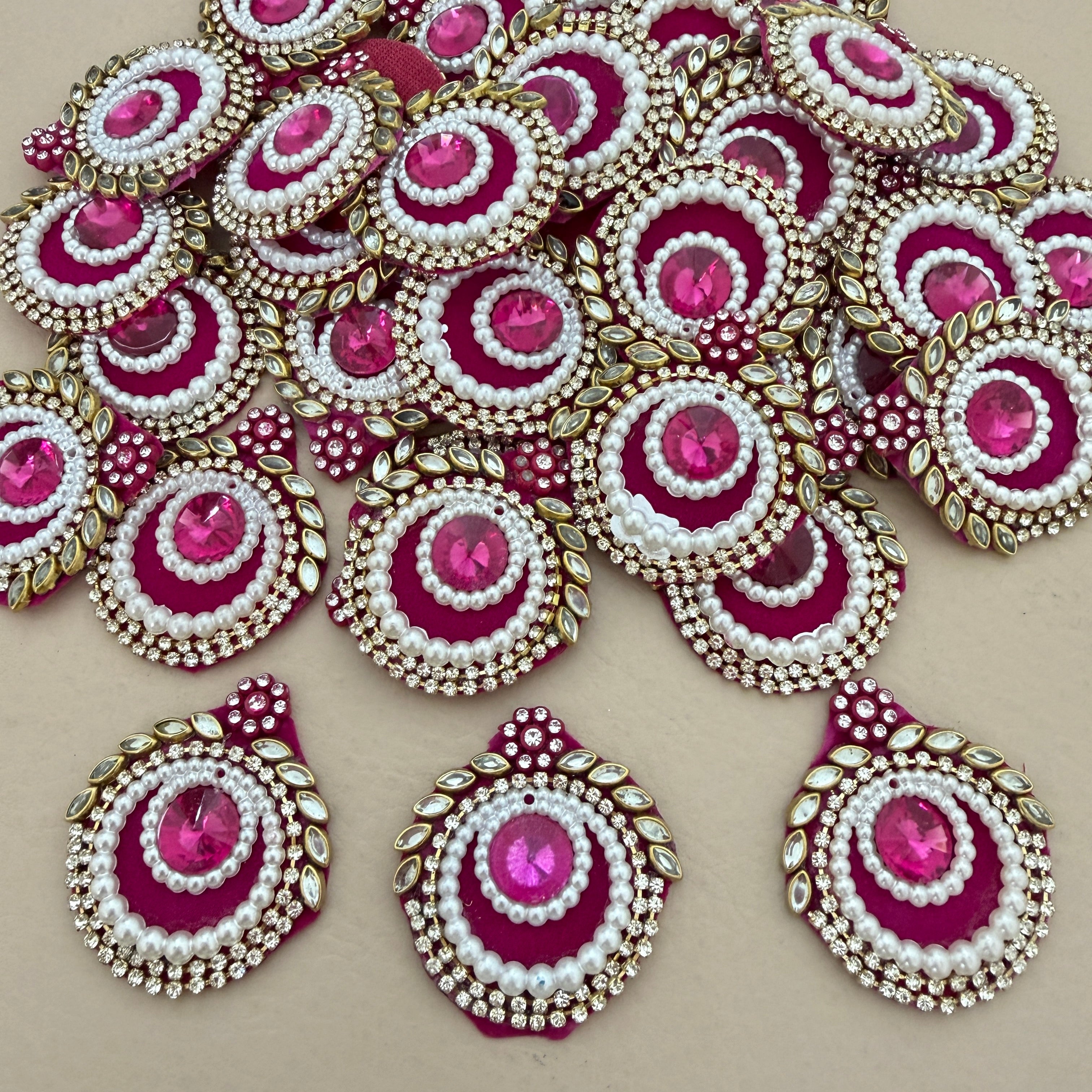 Magenta Embellished Patches Handcrafted Kundan Style Tear Drop Appliques - 10 Pcs
