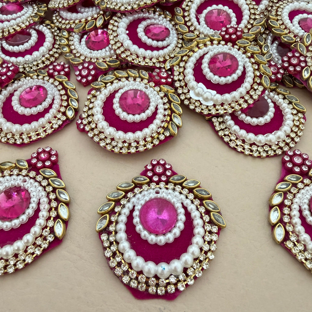 Magenta Embellished Patches Handcrafted Kundan Style Tear Drop Appliques - 10 Pcs