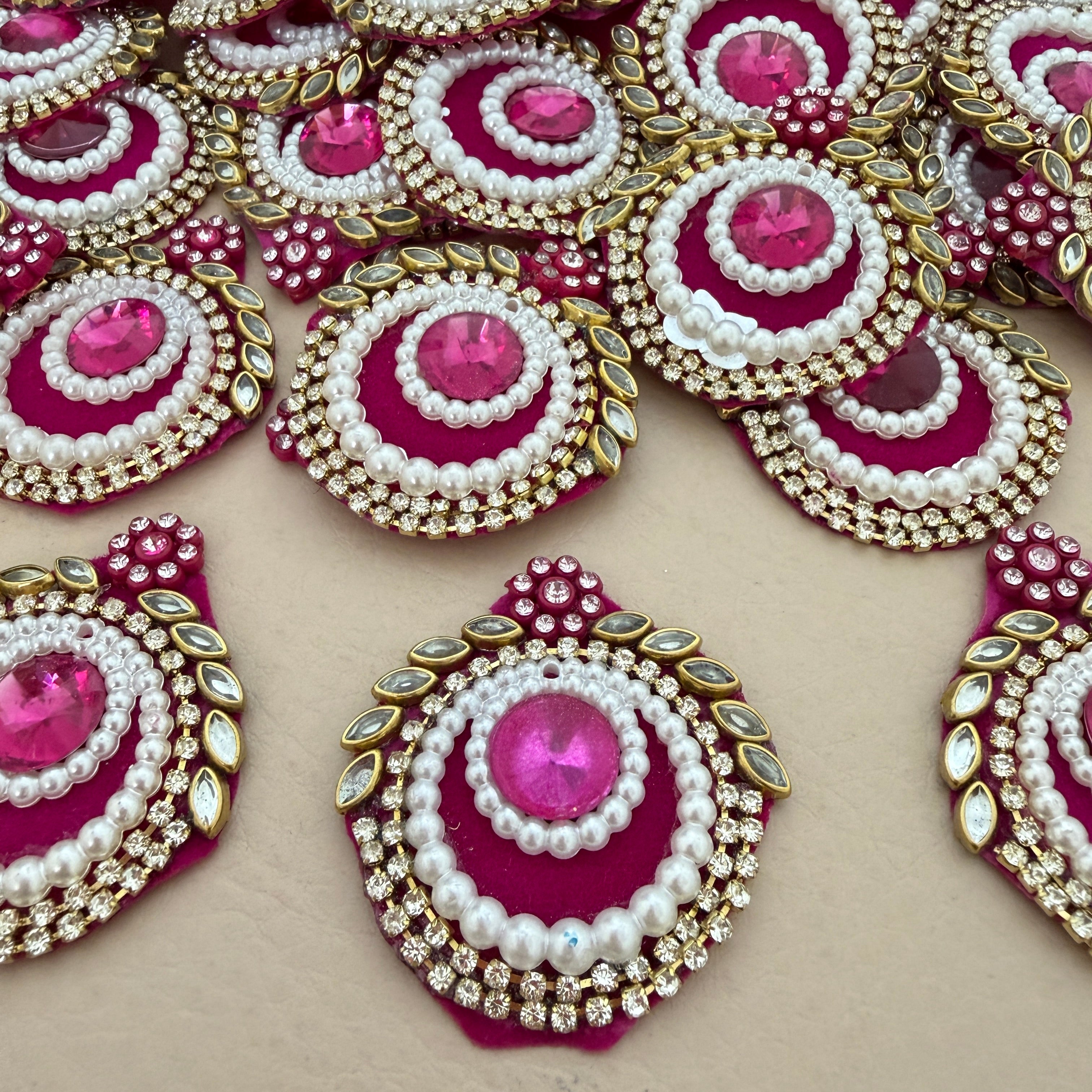 Magenta Embellished Patches Handcrafted Kundan Style Tear Drop Appliques - 10 Pcs