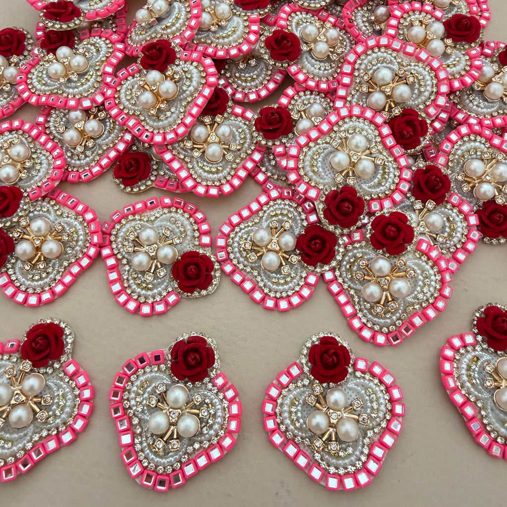 Heart Shaped Rose Patches Pink Rhinestone Border Appliques - 10 Pcs