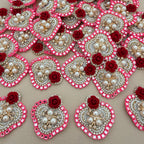 Heart Shaped Rose Patches Pink Rhinestone Border Appliques - 10 Pcs