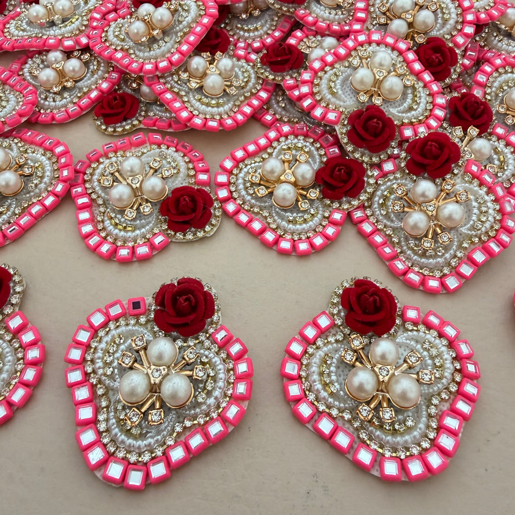Heart Shaped Rose Patches Pink Rhinestone Border Appliques - 10 Pcs