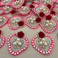 Heart Shaped Rose Patches Pink Rhinestone Border Appliques - 10 Pcs