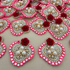 Heart Shaped Rose Patches Pink Rhinestone Border Appliques - 10 Pcs