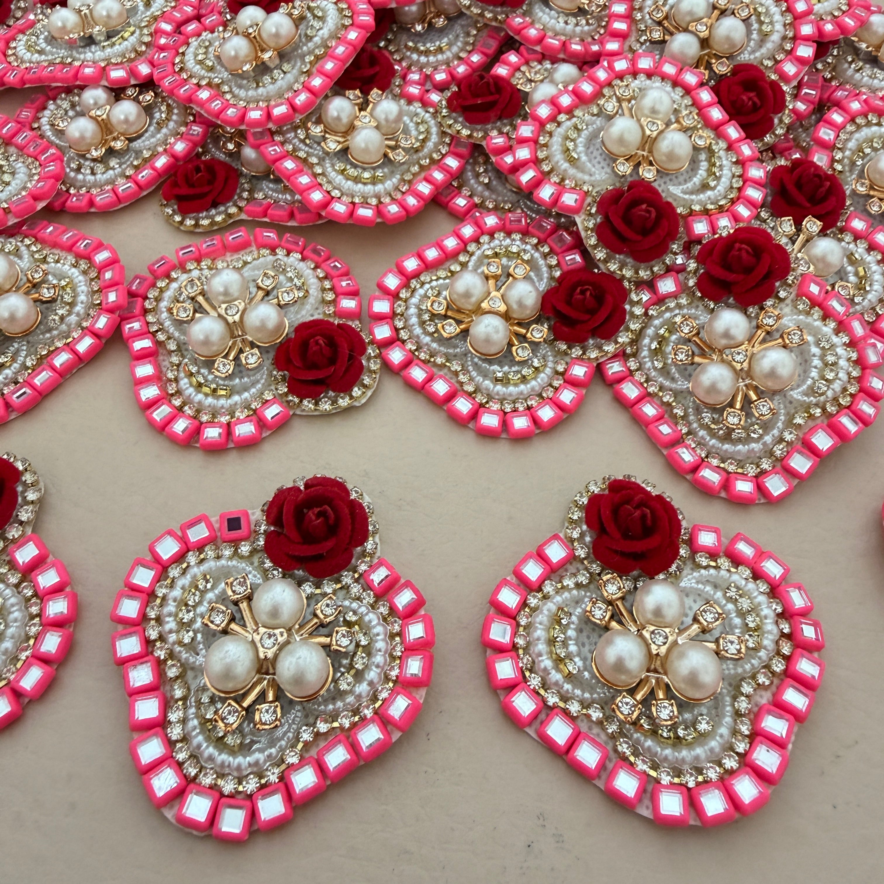 Heart Shaped Rose Patches Pink Rhinestone Border Appliques - 10 Pcs