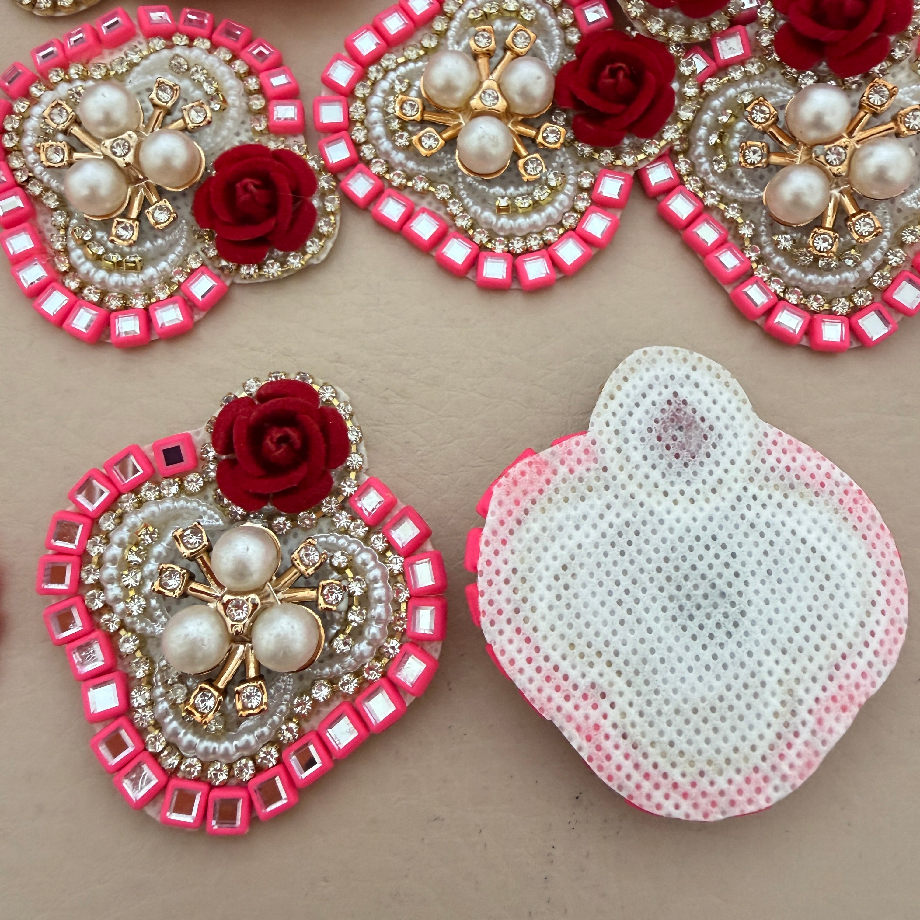 Heart Shaped Rose Patches Pink Rhinestone Border Appliques - 10 Pcs
