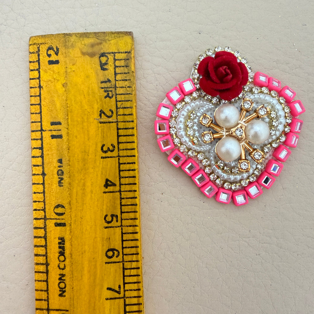 Heart Shaped Rose Patches Pink Rhinestone Border Appliques - 10 Pcs