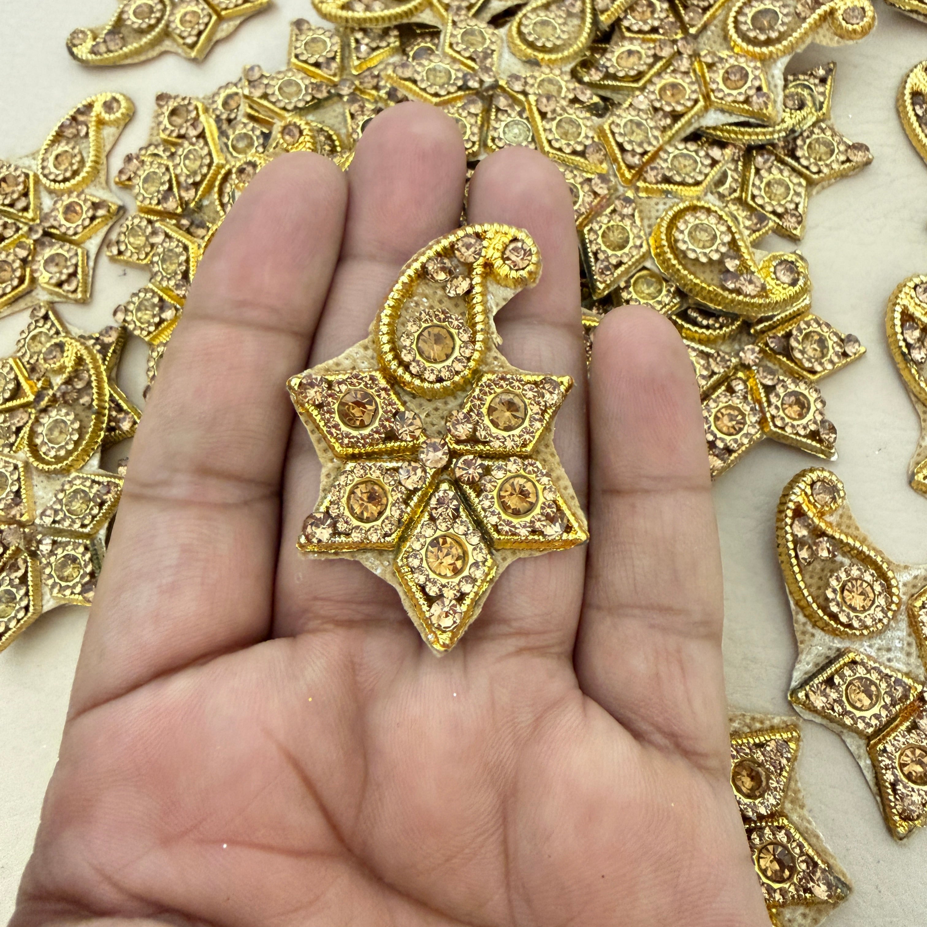 Gold Paisley Star Patches 5.5cm Handcrafted Rhinestone Appliques - 10 Pcs