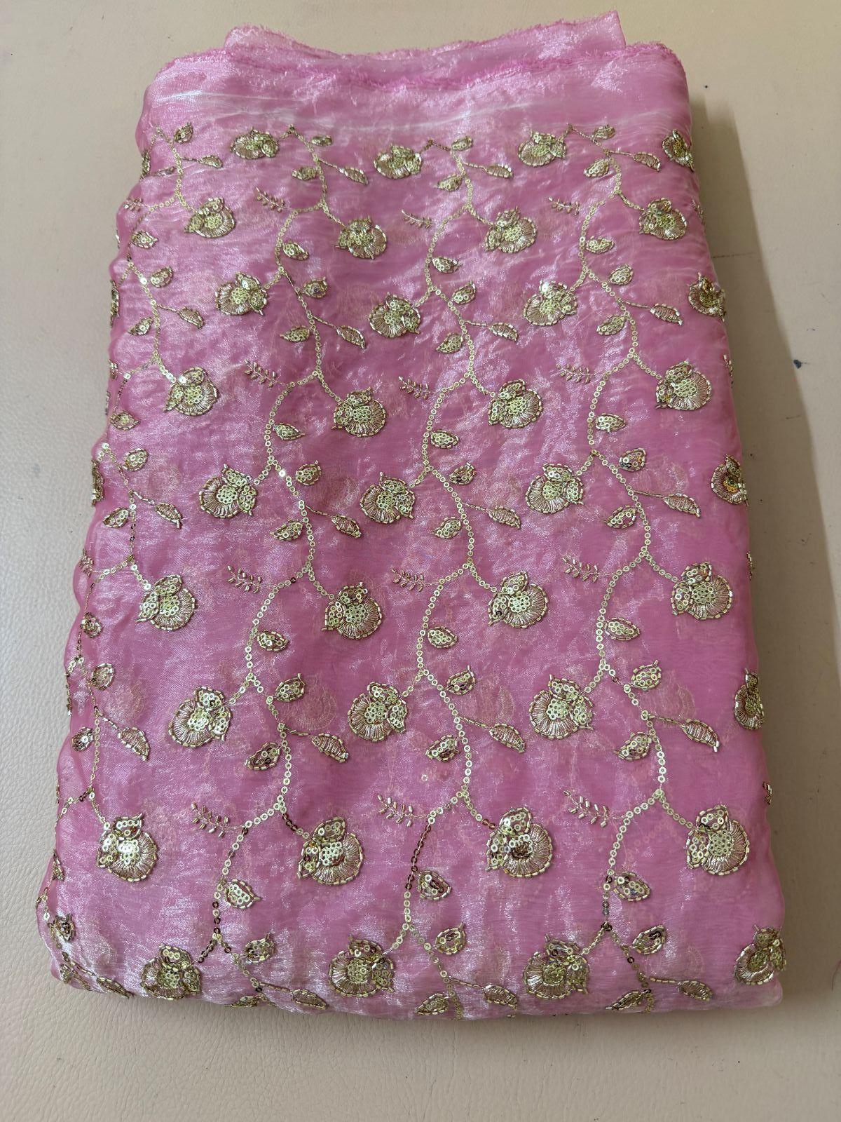 Gold Zari Sequin Embroidered Georgette Fabric