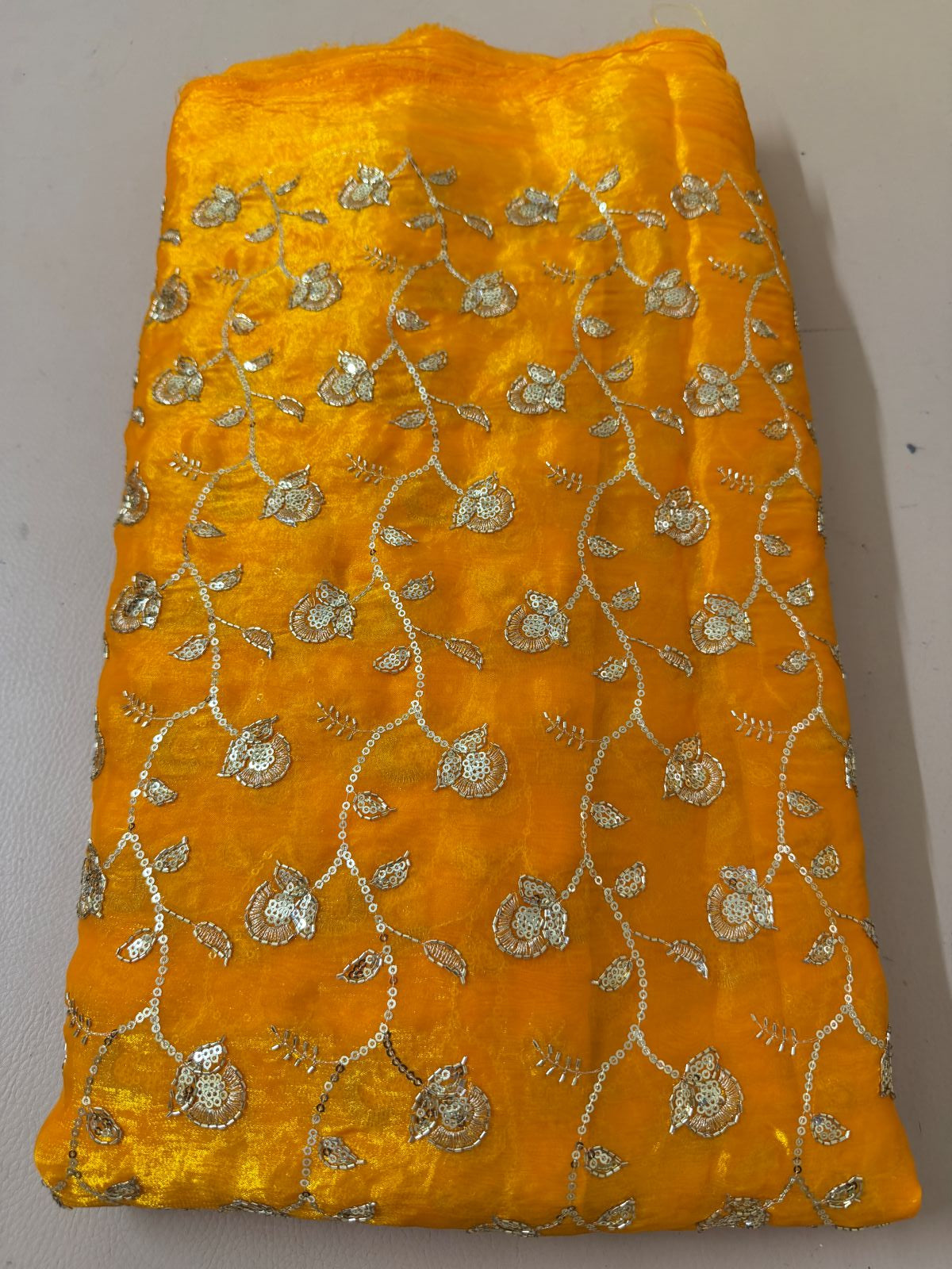 Gold Zari Sequin Embroidered Georgette Fabric