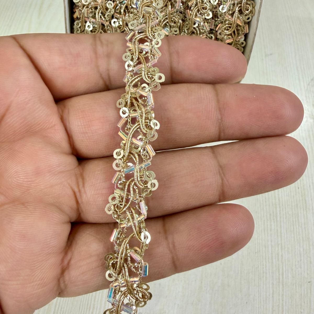 Gold Crystal Sequin Chain Lace Trim – 9 Yards Roll