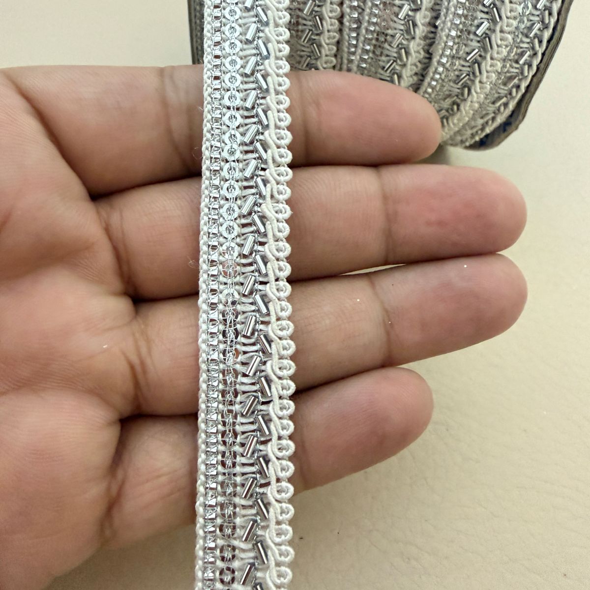 Silver Bugle Bead & Loop Gimp Lace Trim – Sold by the Yard