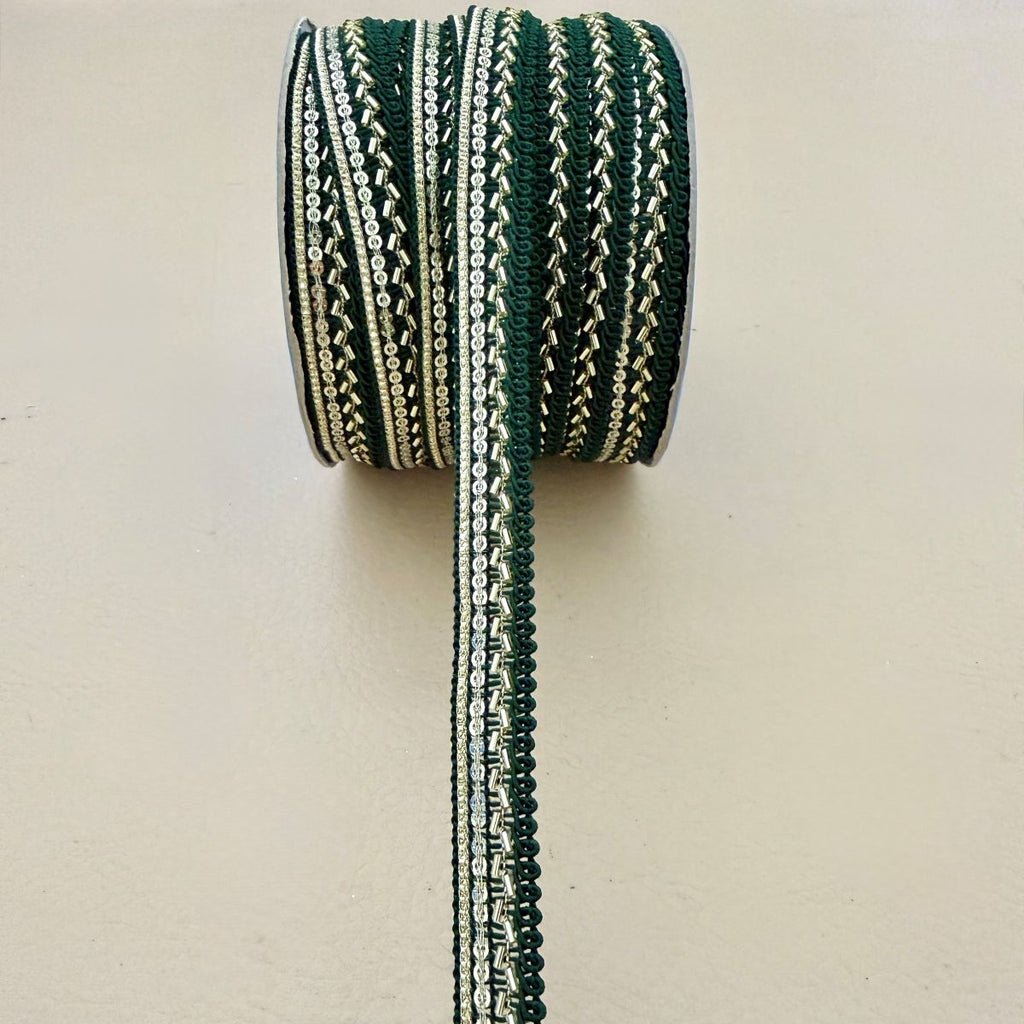 Green Silver Bugle Bead Gimp Lace Trim – 9 Yards Roll
