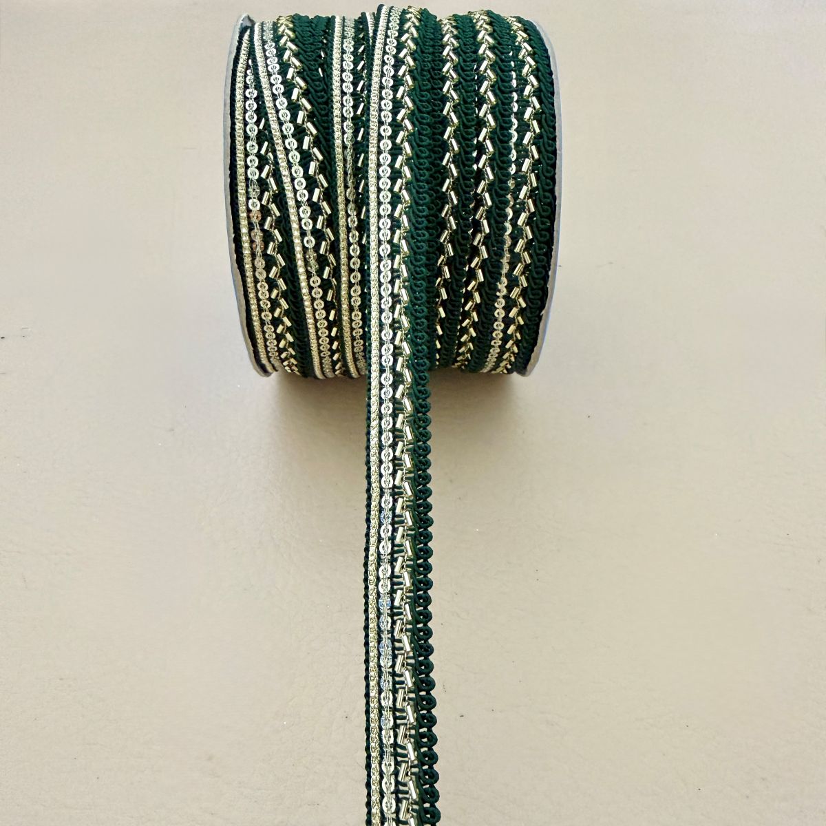 Green Silver Bugle Bead Gimp Lace Trim – 9 Yards Roll