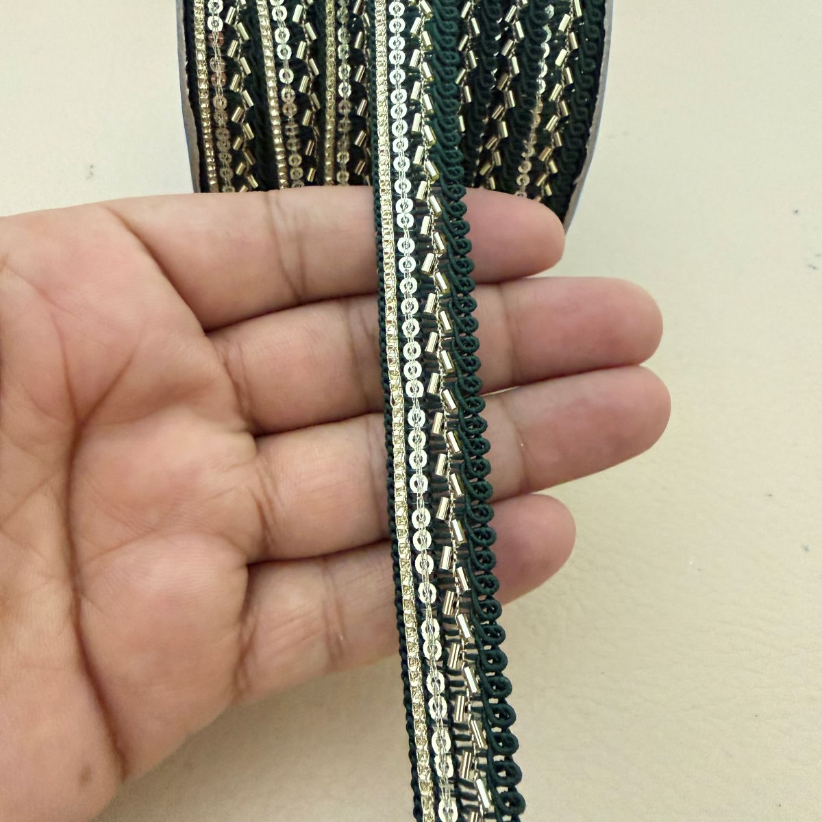 Green Silver Bugle Bead Gimp Lace Trim – 9 Yards Roll