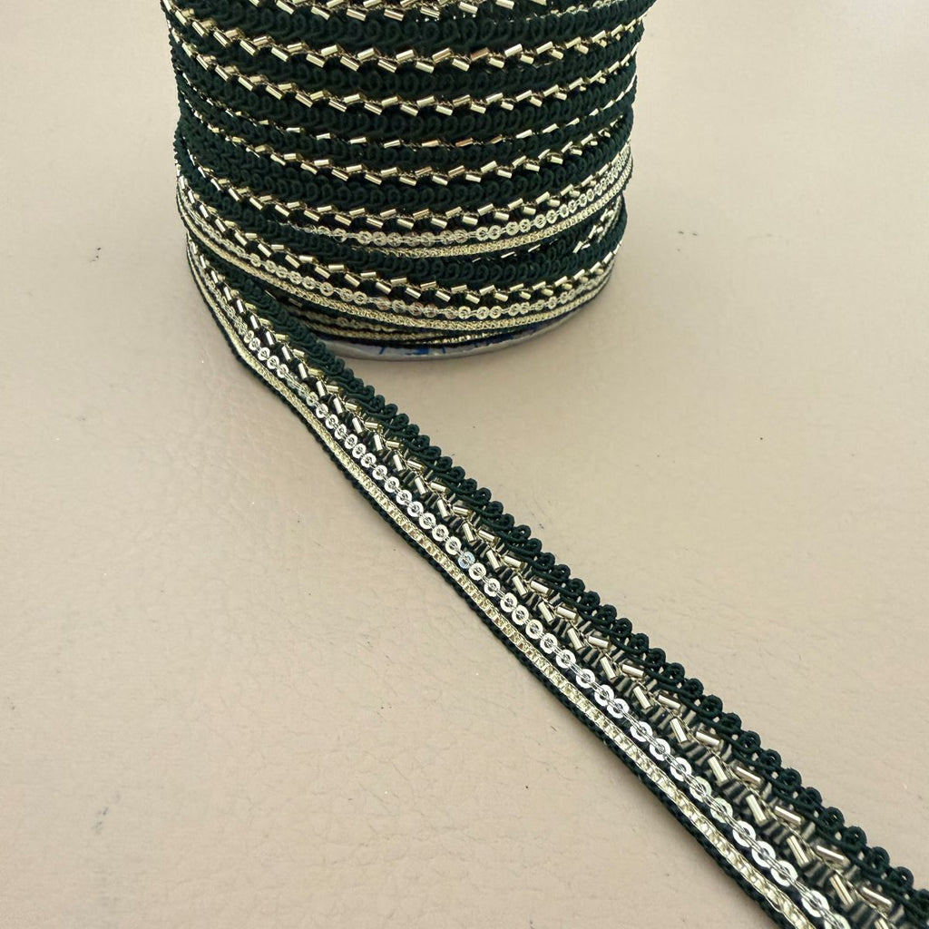 Green Silver Bugle Bead Gimp Lace Trim – 9 Yards Roll