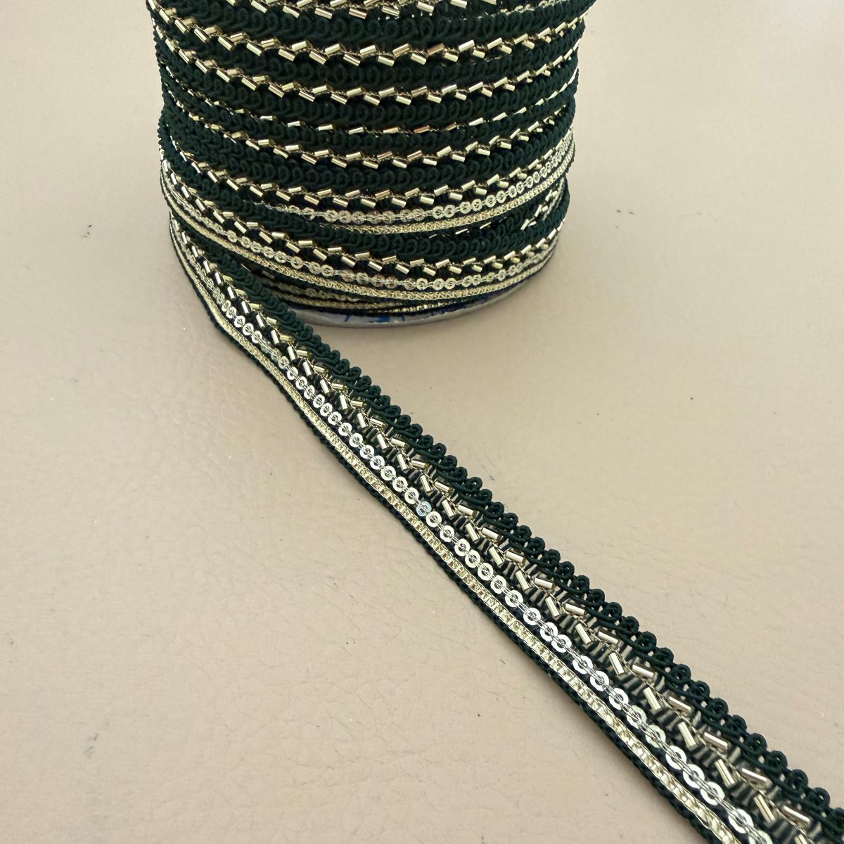 Green Silver Bugle Bead Gimp Lace Trim – 9 Yards Roll