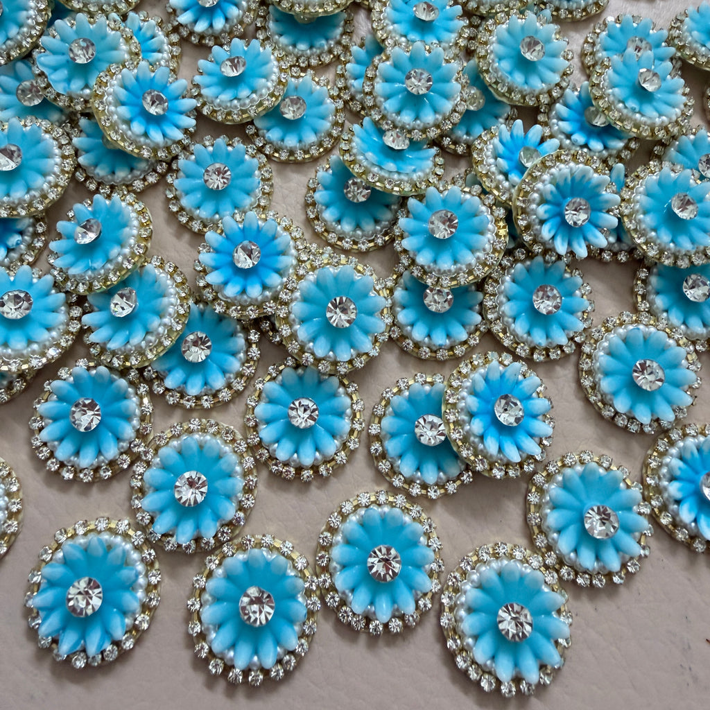 Sky Blue Floral Rhinestone & Pearl Patches - 25 Piece Pack