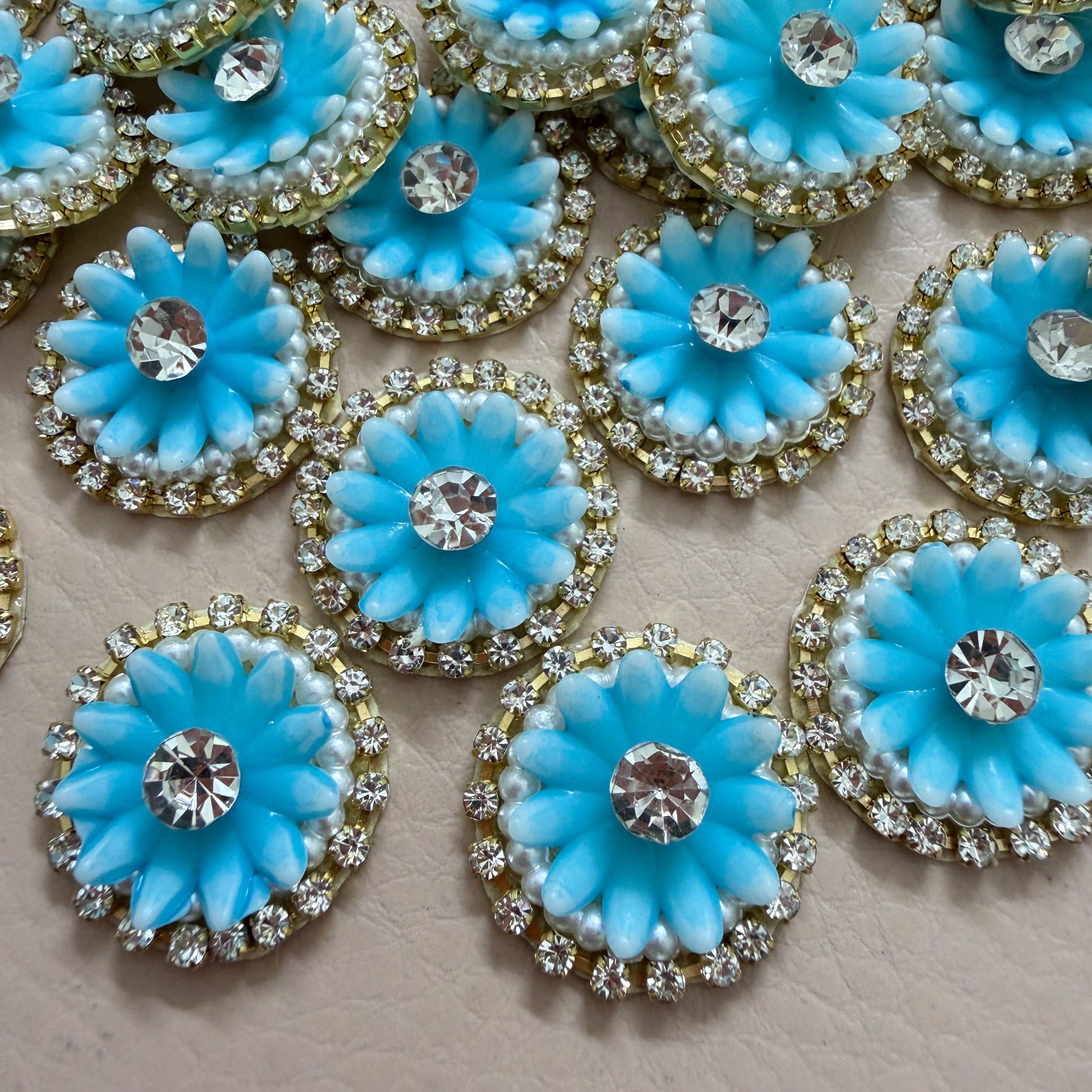 Sky Blue Floral Rhinestone & Pearl Patches - 25 Piece Pack