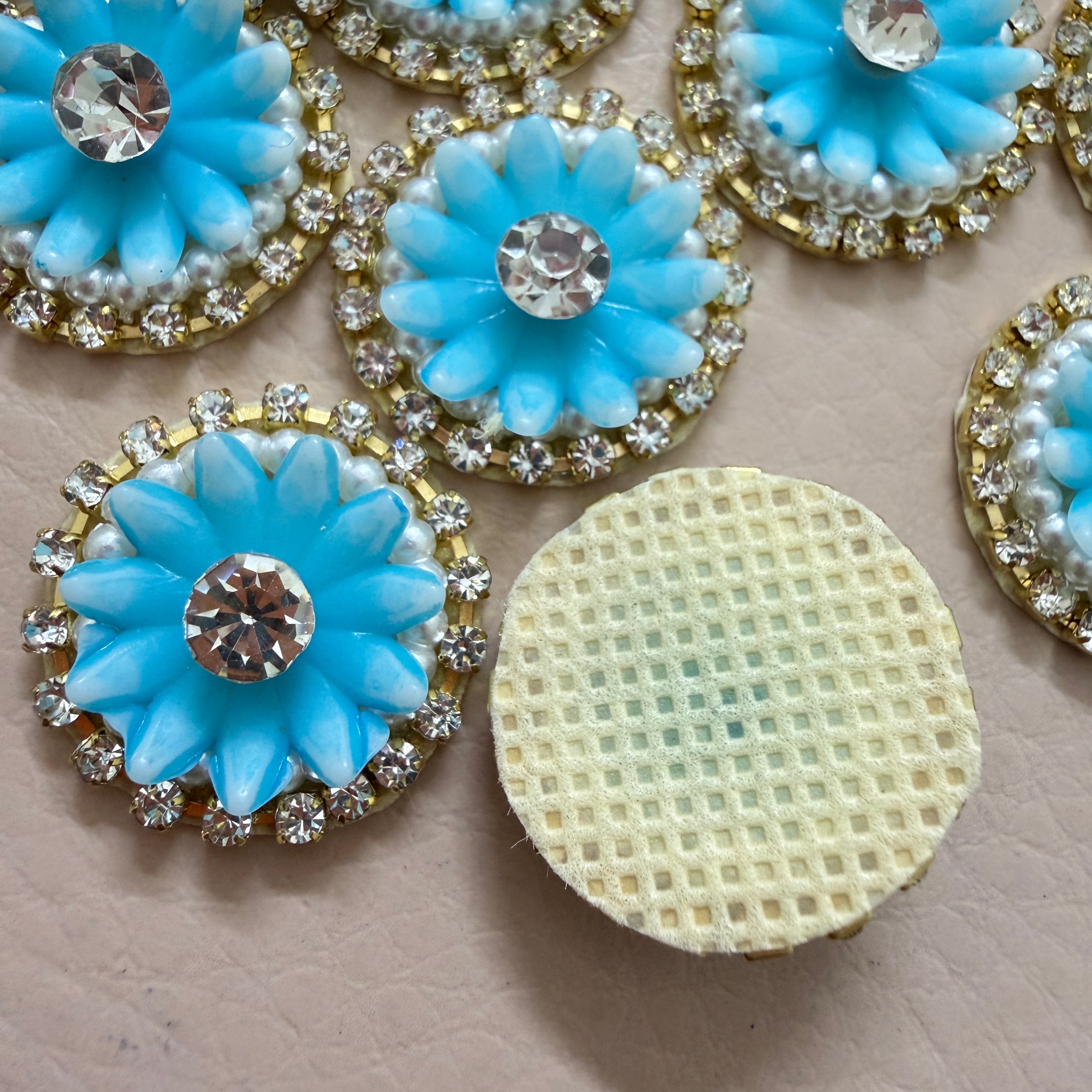 Sky Blue Floral Rhinestone & Pearl Patches - 25 Piece Pack
