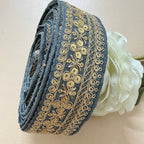 Grey Embroidered Lace Trim with Gold Sequins - 9 Yard Roll
