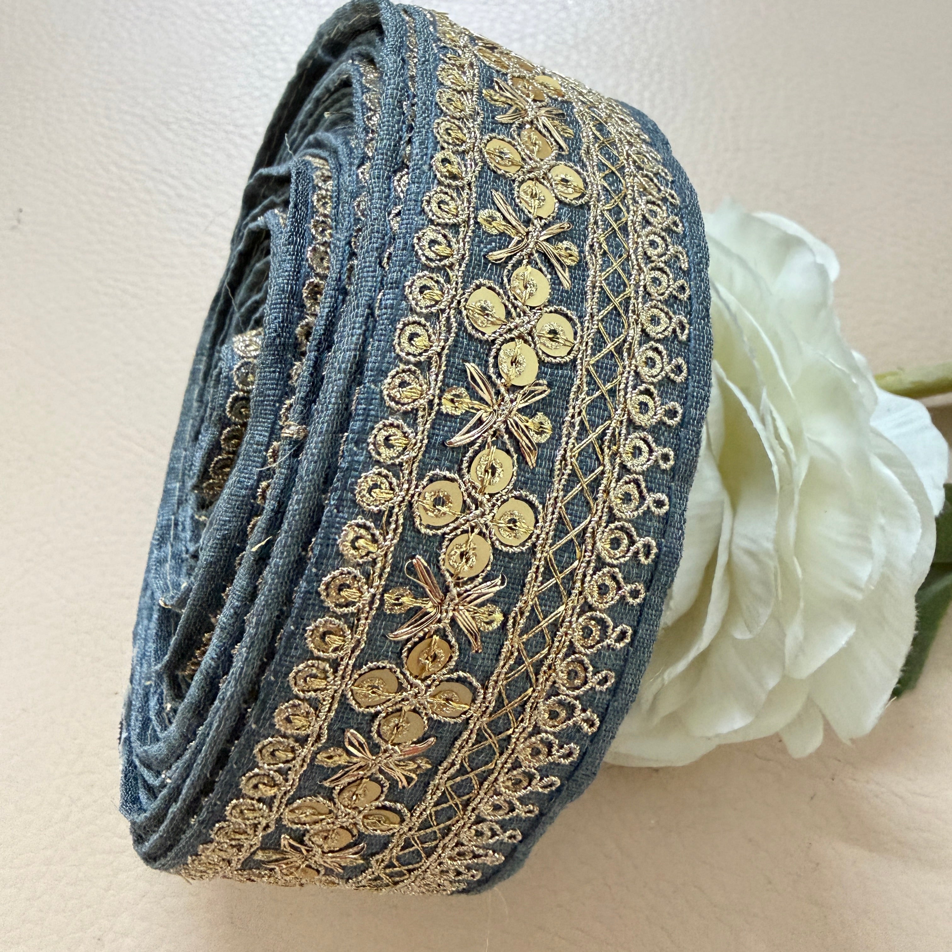 Grey Embroidered Lace Trim with Gold Sequins - 9 Yard Roll