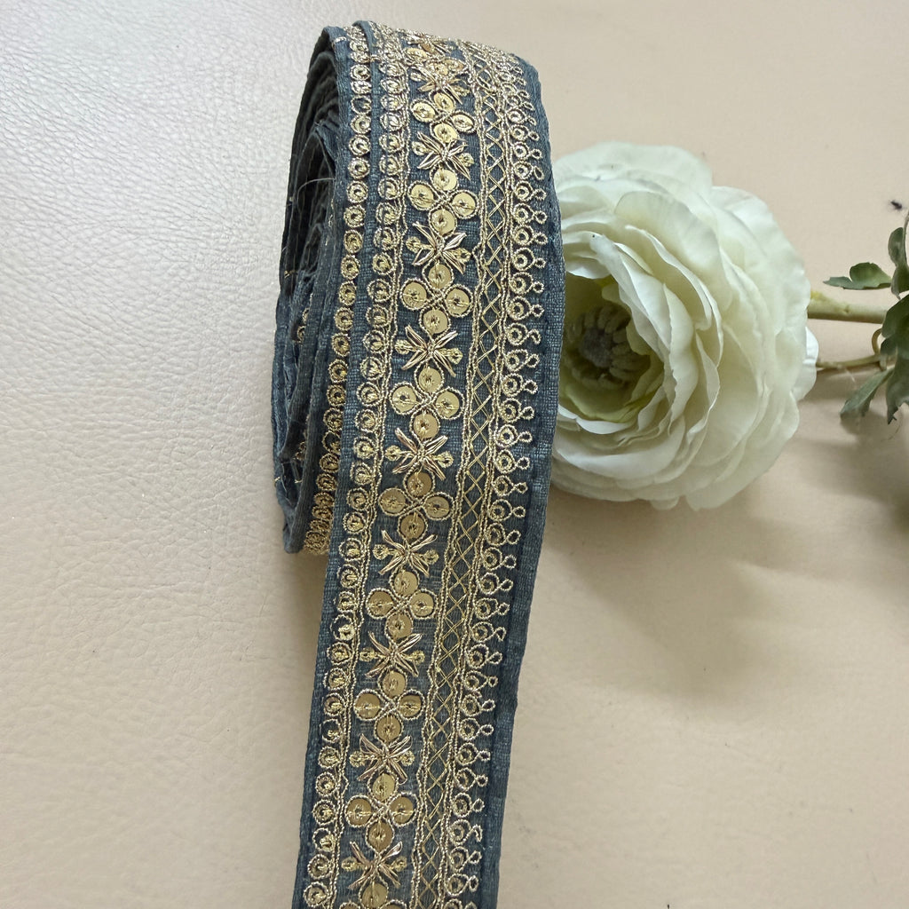 Grey Embroidered Lace Trim with Gold Sequins - 9 Yard Roll