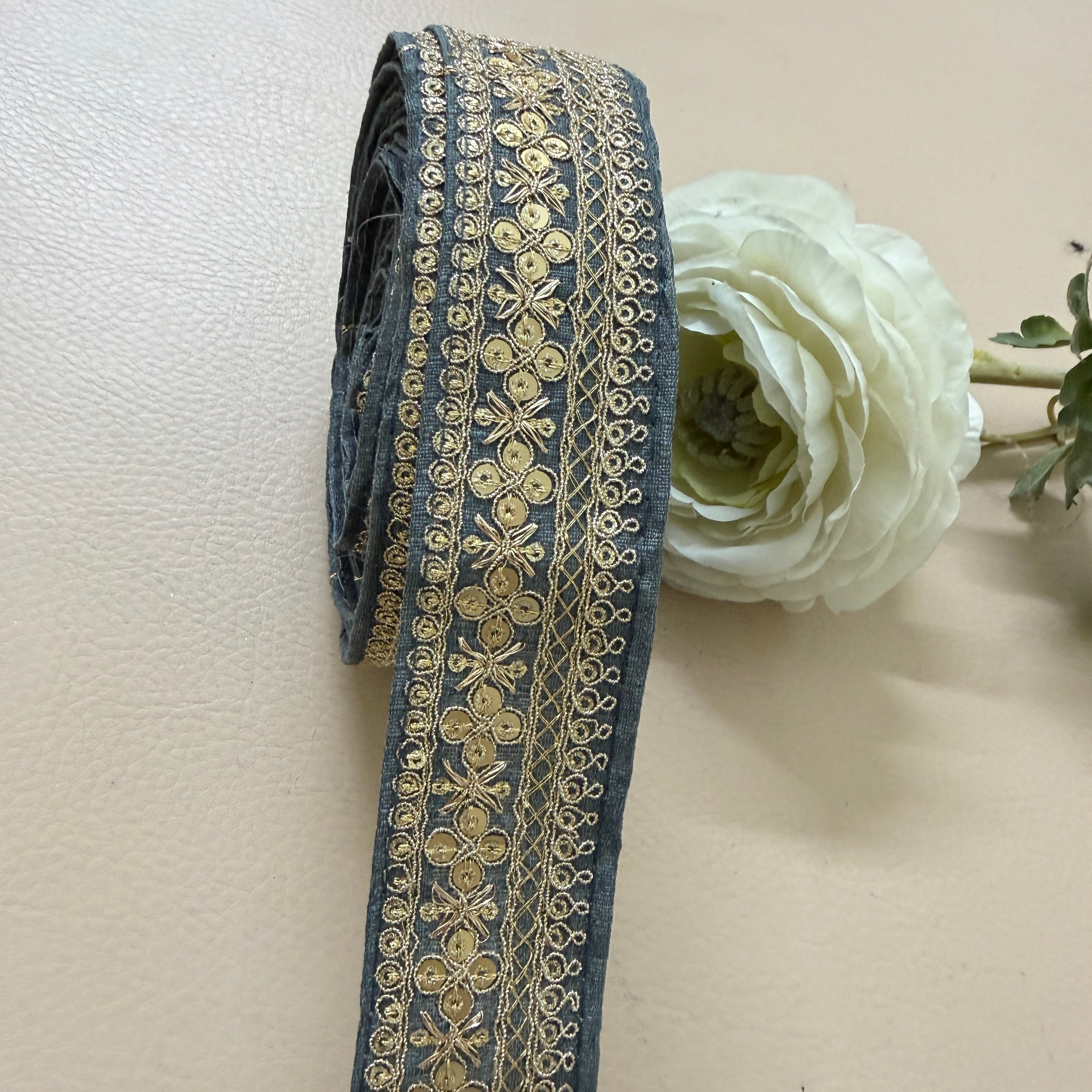 Grey Embroidered Lace Trim with Gold Sequins - 9 Yard Roll