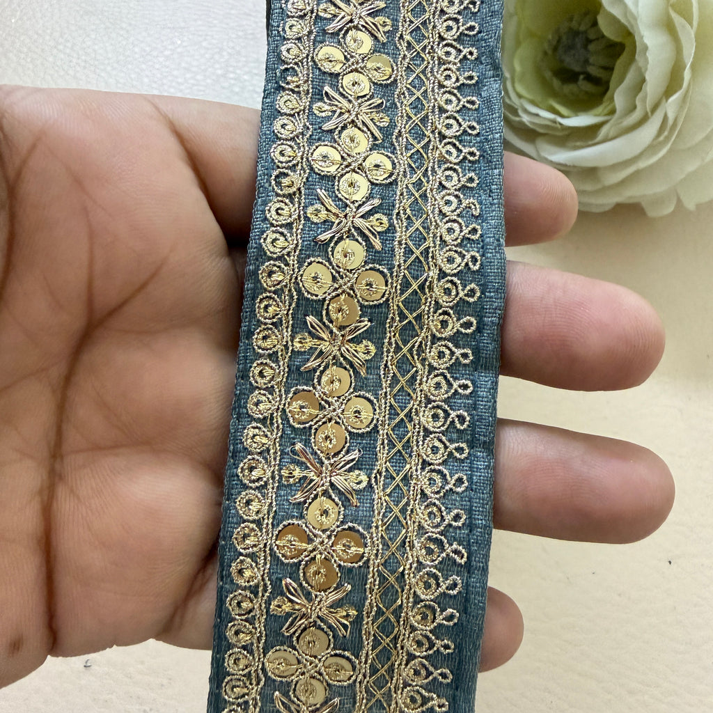 Grey Embroidered Lace Trim with Gold Sequins - 9 Yard Roll