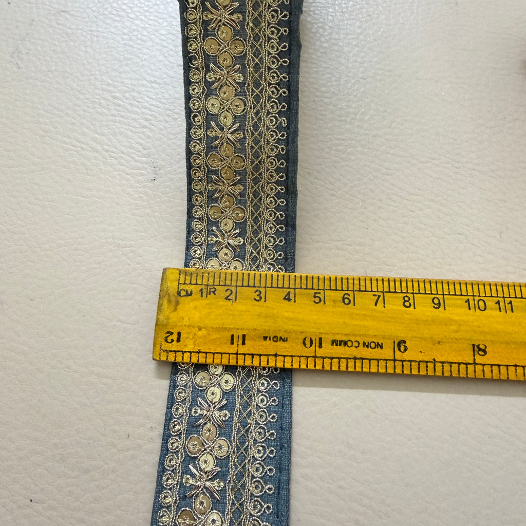 Grey Embroidered Lace Trim with Gold Sequins - 9 Yard Roll