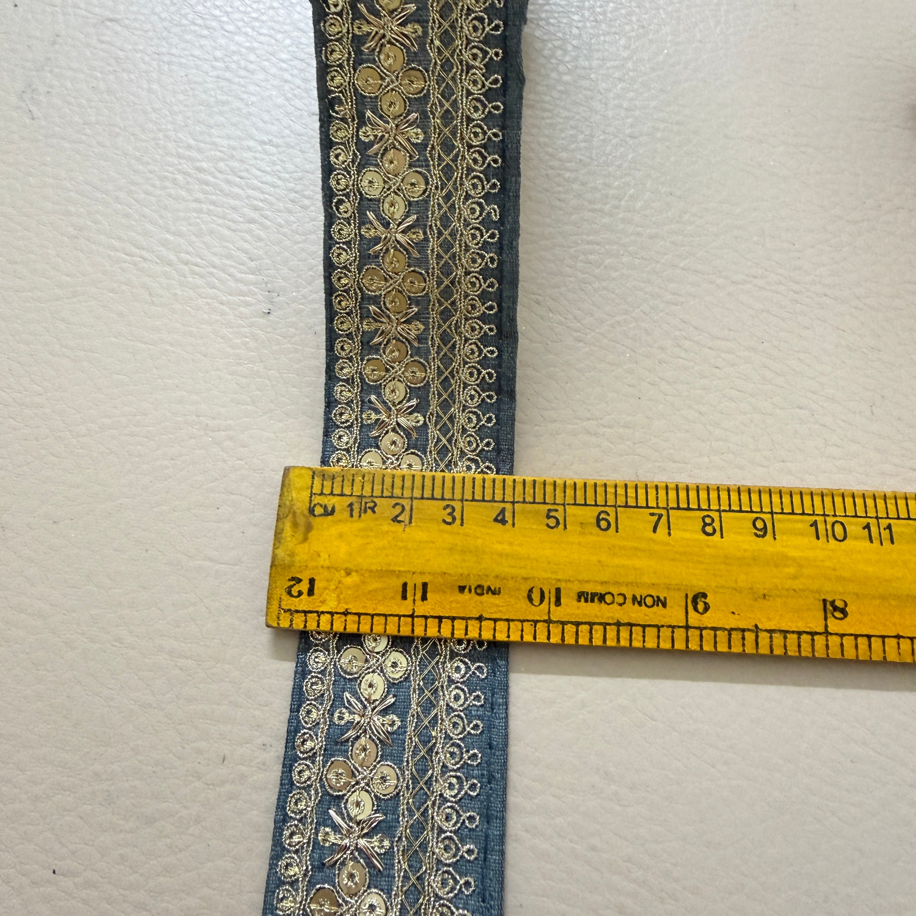 Grey Embroidered Lace Trim with Gold Sequins - 9 Yard Roll