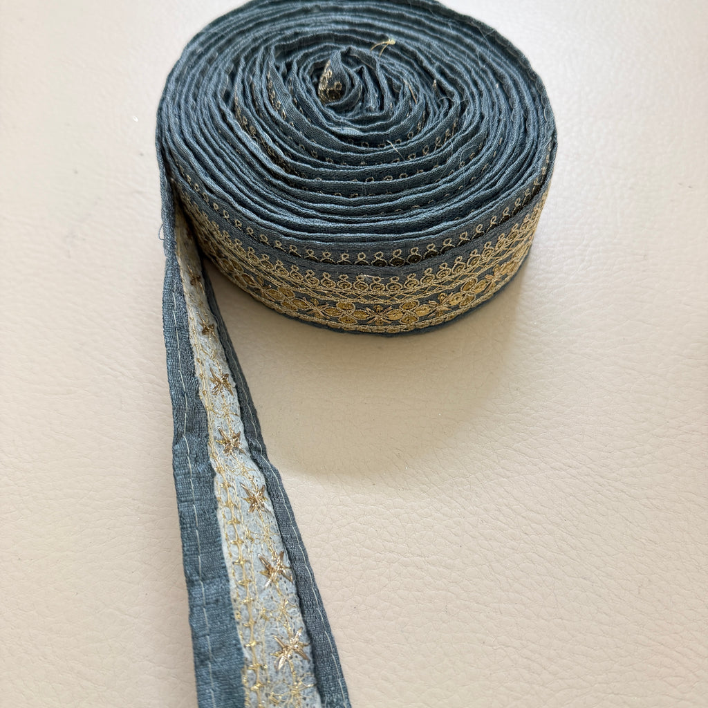 Grey Embroidered Lace Trim with Gold Sequins - 9 Yard Roll
